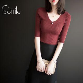 Elbow-sleeve V-neck Plain Slim Knit Sweater