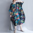 Flower Print Elbow-sleeve Midi Dress