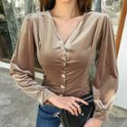 V-neck Bishop-sleeve Velvet Blouse