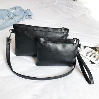 Set: Faux Leather Crossbody Bag + Pouch Black - One Size