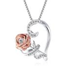 Rhinestone Rose & Heart Pendant Necklace 1 - 7015 - K - Rose Gold - One Size