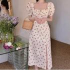 Short-sleeve Square-neck Floral Print Midi A-line Dress Almond - One Size