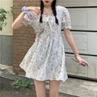 Puff-sleeve Floral Dress White - One Size