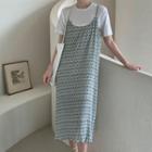 Set: Sleeveless Printed Crinkled Midi Dress + T-shirt Blue - One Size