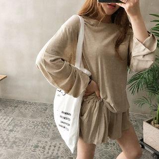 Set: Linen Blend Long-sleeve T-shirt + Shorts