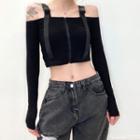 Long-sleeve Cold Shoulder Buckled Zip Crop Top