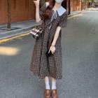 Short-sleeve Wide Collar Gingham Check Midi Dress