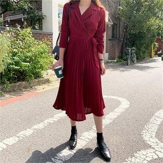 Notched-lapel Pleated-hem Wrap-front Dress Wine Red - One Size