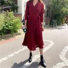 Notched-lapel Pleated-hem Wrap-front Dress Wine Red - One Size