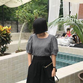 Puff-sleeve Checked Top