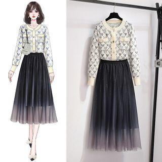 Heart Print Cardigan / Gradient Mesh Midi A-line Skirt