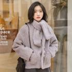 Tue-neck Furry Buttoned Jacket Gray - One Size