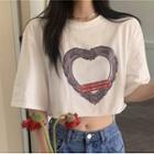 Heart Print Tie-strap Cropped T-shirt White - One Size