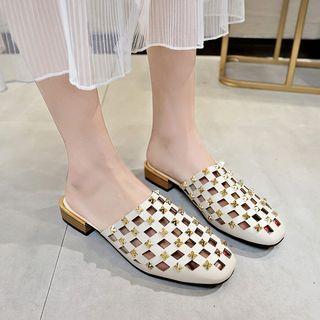 Studded Perforated Pointed Low Heel Mules