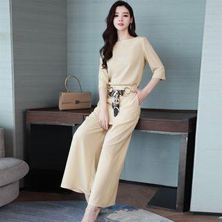 Set: 3/4-sleeve Chiffon Blouse + Wide-leg Pants