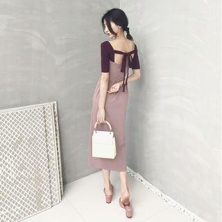 Two-tone Short-sleeve A-line Sheath Dress