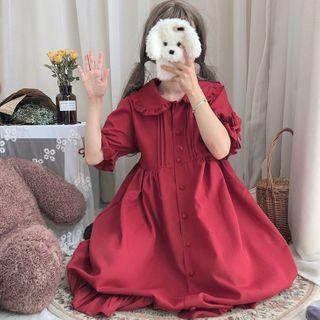 Balloon-sleeve Ruffled A-line Dress Red - One Size