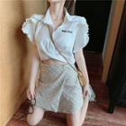 Letter Embroidered Short-sleeve Blouse / Plaid Mini Skirt