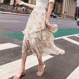 Floral Print Layered Asymmetric Chiffon Skirt