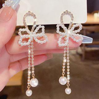 Bow Faux Pearl Fringed Earring E0059 - Silver Earring - White - One Size