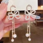 Bow Faux Pearl Fringed Earring E0059 - Silver Earring - White - One Size
