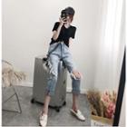 Short-sleeve Drawstring T-shirt / Straight-leg Distressed Jeans / Set
