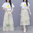 Set: Short-sleeve Fruit Print T-shirt + Tiered Midi Skirt