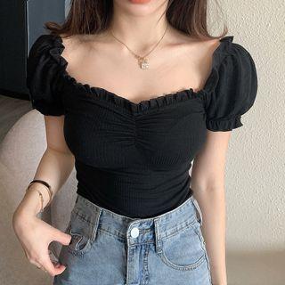 Ruched Puff-sleeve Top Black - One Size