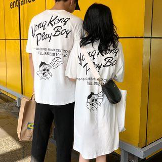 Couple Matching Elbow-sleeve Printed T-shirt / Midi T-shirt Dress