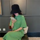 Short-sleeve Plain Polo Shirt Dress Green - One Size