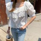 Square-neck Ruffle-trim Eyelet Lace Blouse Ivory - One Size