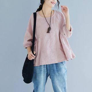 Plain Lantern-sleeve Round-neck T Shirt