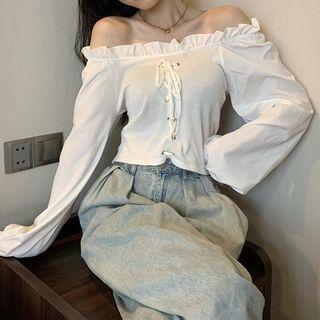 Ruffled Off-shoulder Lace-up Blouse