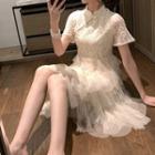Mandarin Collar Short-sleeve A-line Mesh Dress