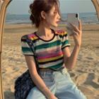 Cropped Rainbow-stripe Light Knit Top As Figure - One Size