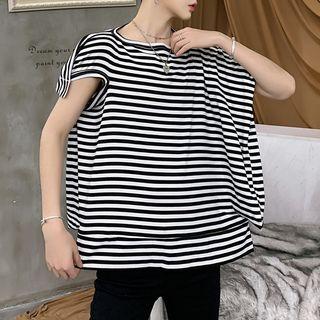 Striped Short-sleeve Asymmetrical T-shirt