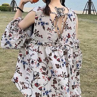 Floral Print Cut Out Shoulder 3/4 Sleeve Blouse