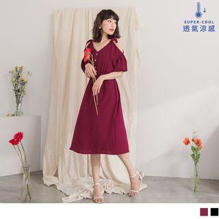 Cutout Tie-shoulder Chiffon Midi Dress