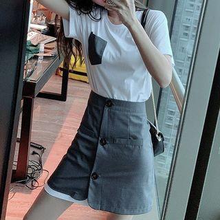 Set: Short-sleeve Pocket Detail Mini T-shirt Dress + Button-up Mini A-line Skirt