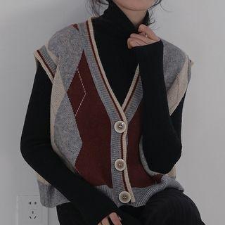 Argyle Button-up Knit Vest Gray & Red - One Size