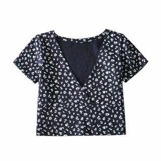 Short-sleeve V-neck Floral Cropped T-shirt