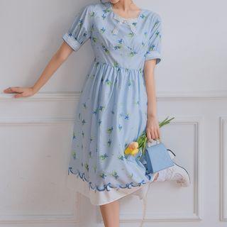 Short-sleeve Floral Printed Dress Floral - One Size