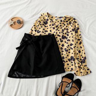 Floral Print Long Sleeve Shirt / Asymmetric Hem Wrapped Mini Skirt