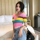 Striped Short Sleeve Knit T-shirt As Shown In Figure - One Size