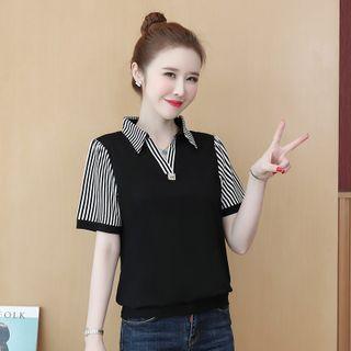 Short-sleeve Pinstriped Panel Polo Shirt