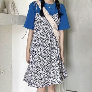 Short-sleeve Plain T-shirt / Flower Print Overall Dress