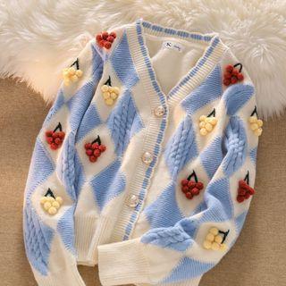 Long-sleeve Argyle Color Block Cardigan
