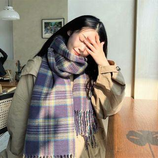 Plaid Fringed Scarf Plaid - Purple - One Size