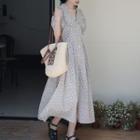 Puff-sleeve V-neck Floral Midi A-line Dress Almond - One Size