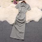 Short-sleeve Polo-neck Midi Sheath Dress